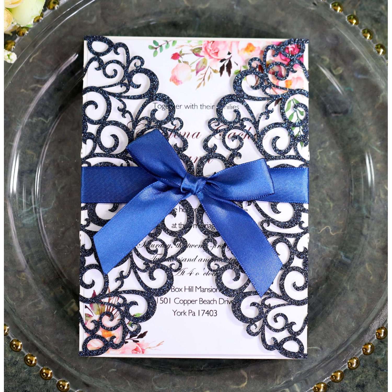 Glitter Invitation Card With Ribbon Bow Laser Cut Greeting Card European Style Invitation Card